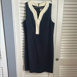 Eliza J Blue and Cream Sheath Dress V-Neck Sleeveless